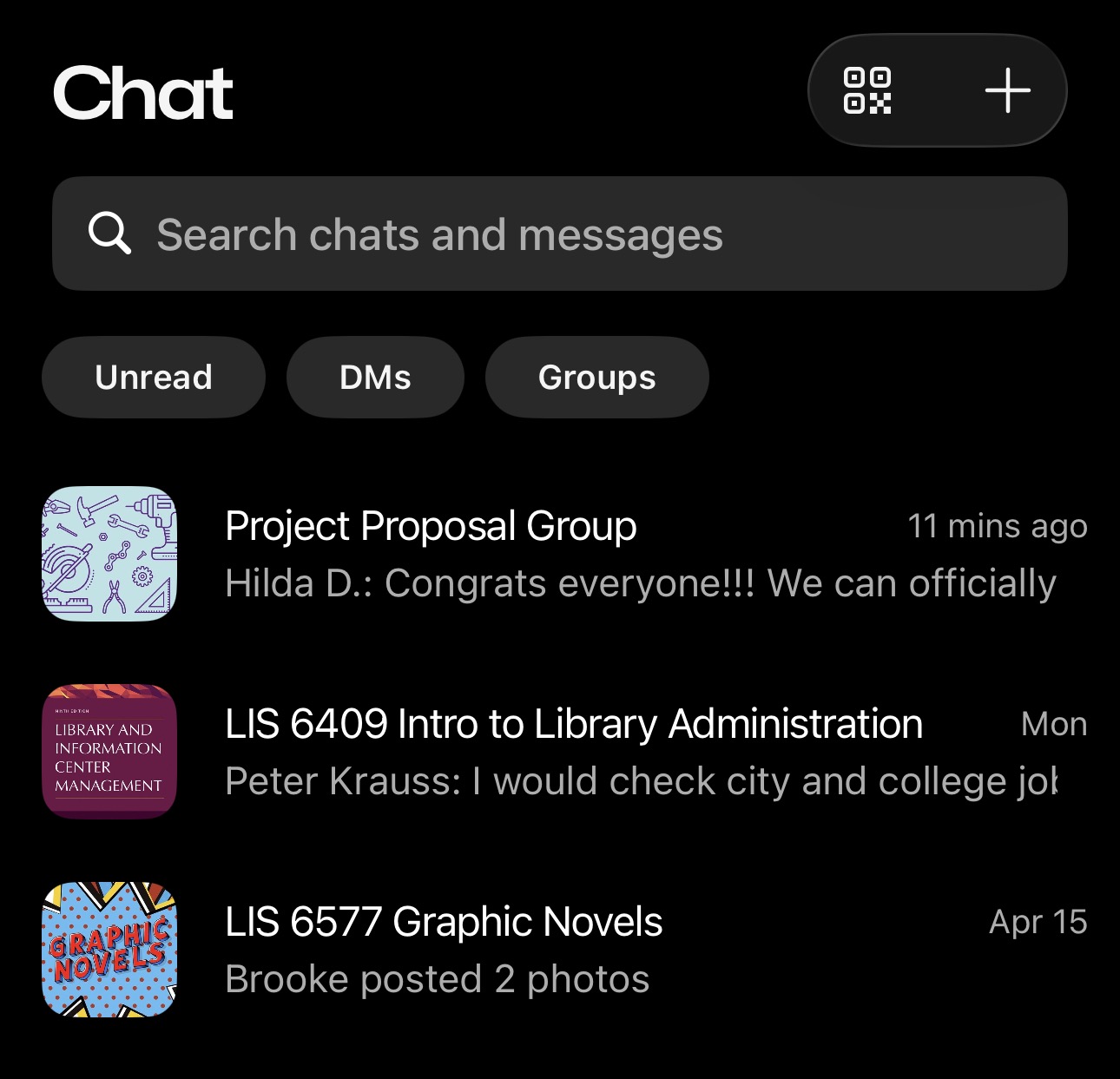 GroupMe Screenshot of 3 GroupMe class conversations I owned