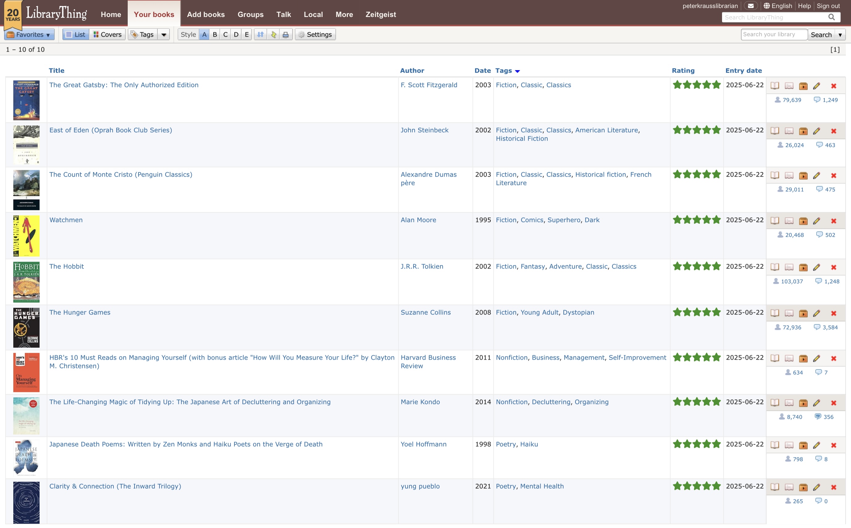 A picture of 10 cataloged books on LibraryThing