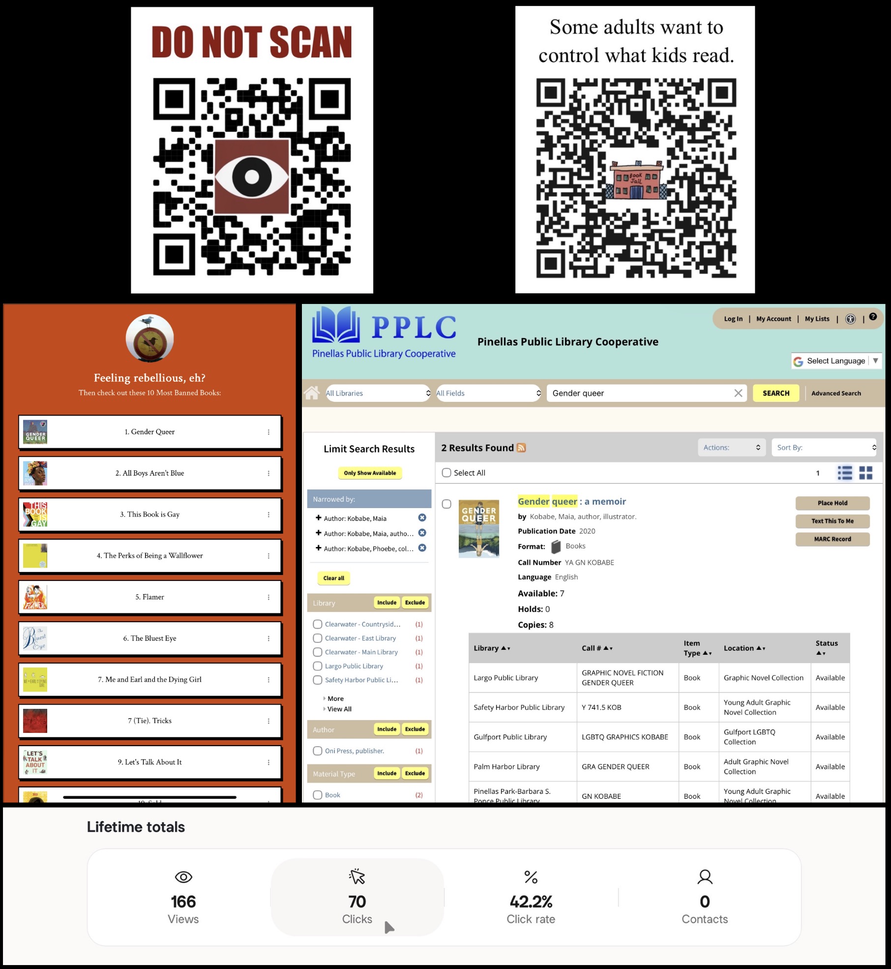 A QR Code, the linktree it links too, and the link to the Library catalog